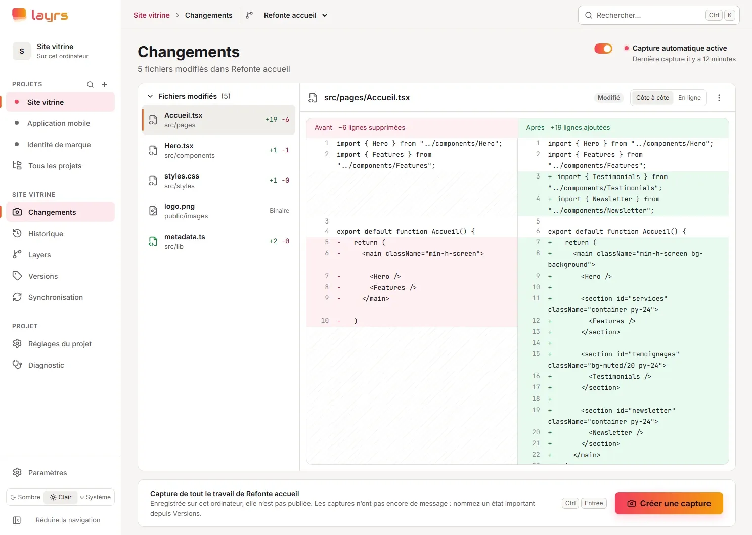 Layrs Studio Desktop en thème clair : cinq fichiers modifiés et comparaison du code avant et après.