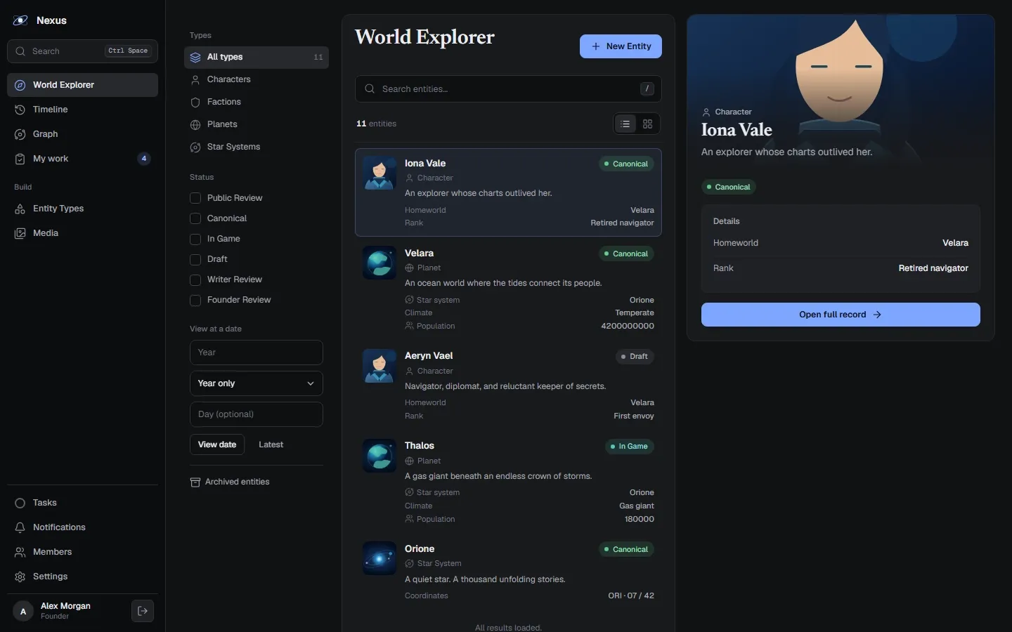 Nexus World Explorer : liste des personnages et planètes, filtres et fiche du personnage Iona Vale.