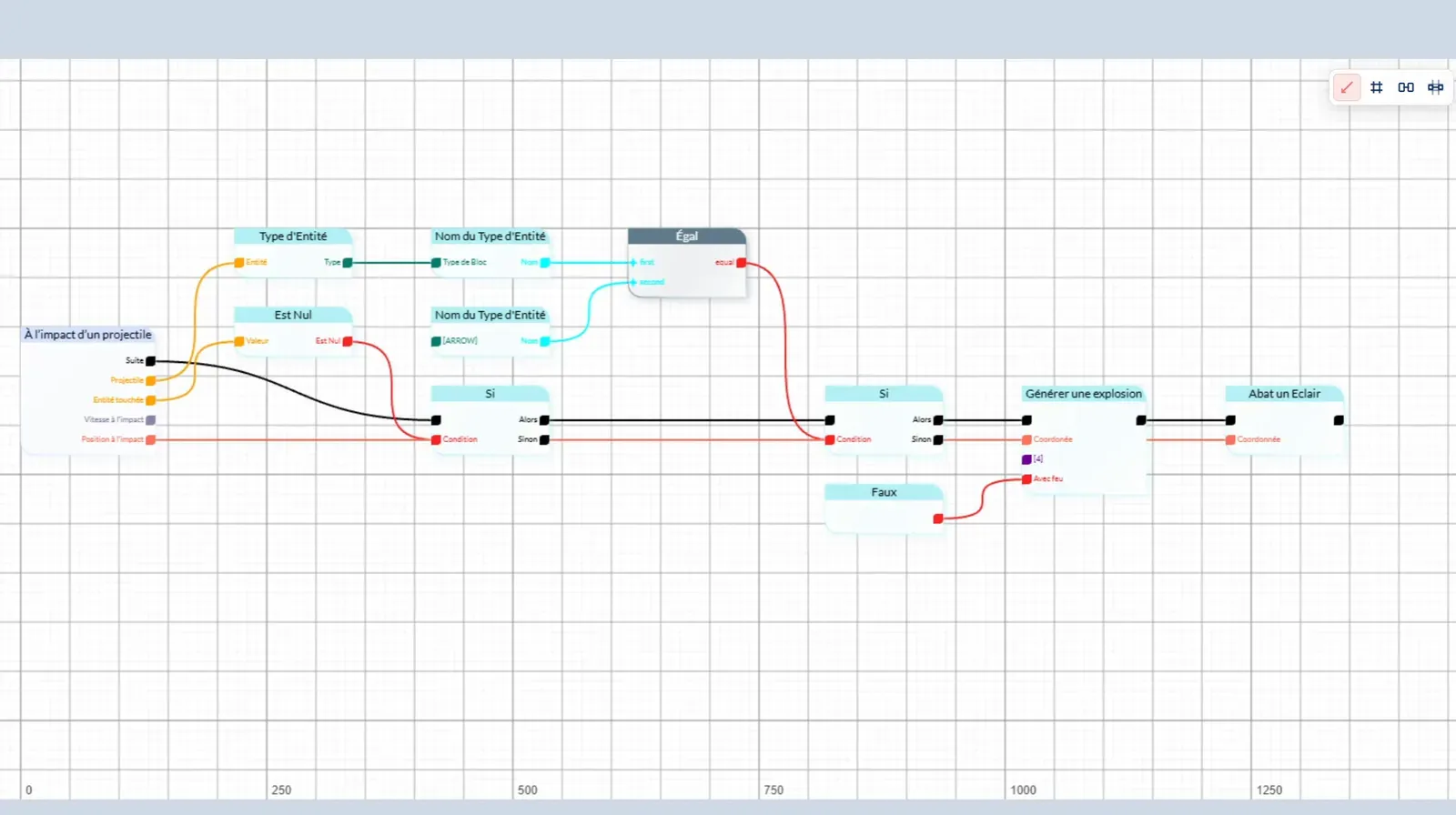 Graphe de onze blocs en français sur fond clair : À l'impact d'un projectile, Type d'entité, Est nul, Égal, deux blocs Si, Faux, Générer une explosion et Abat un éclair.