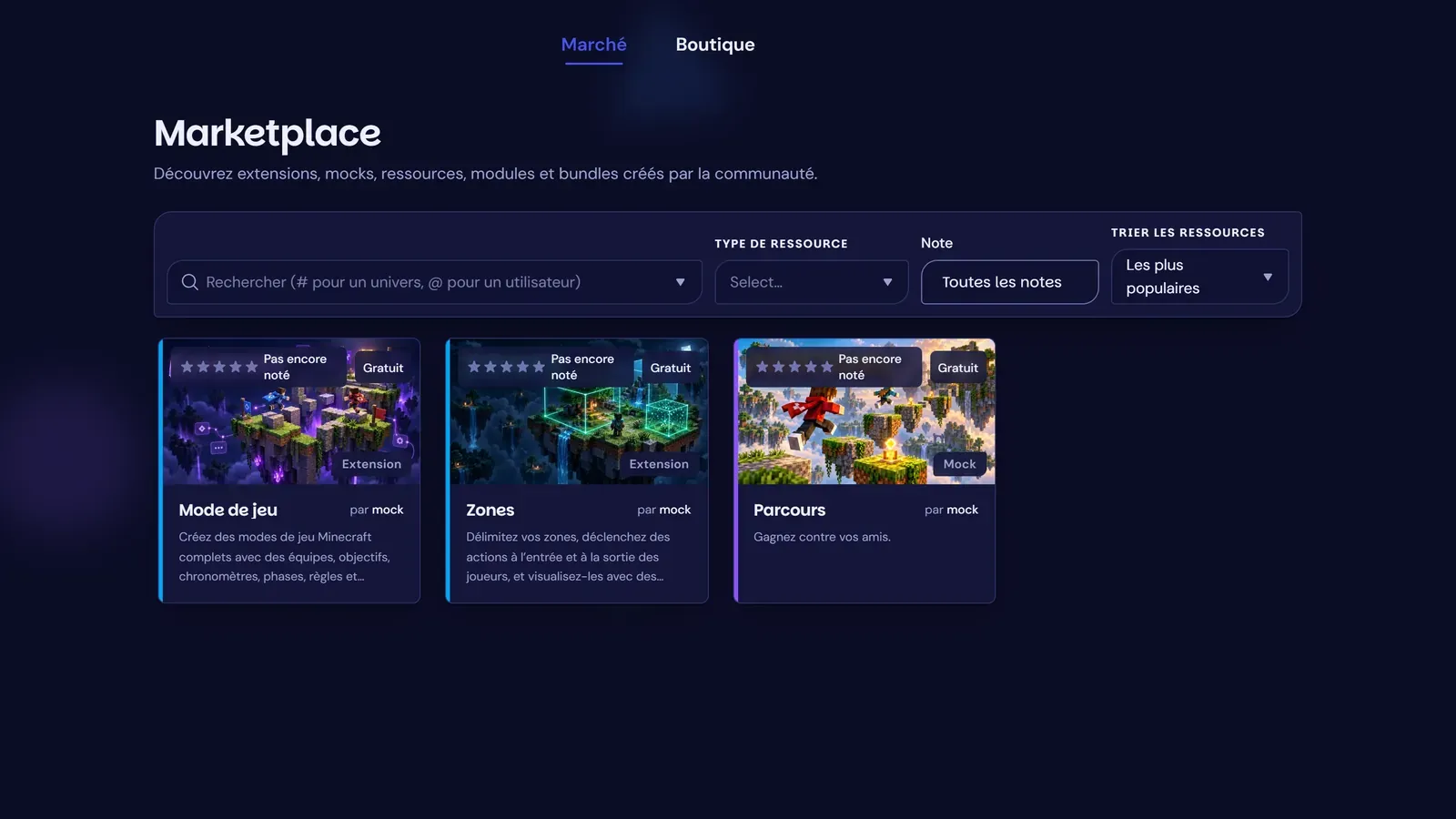 Page Marketplace du site Mock en thème sombre : barre de recherche et filtres, puis trois fiches gratuites, Mode de jeu, Zones et Parcours.