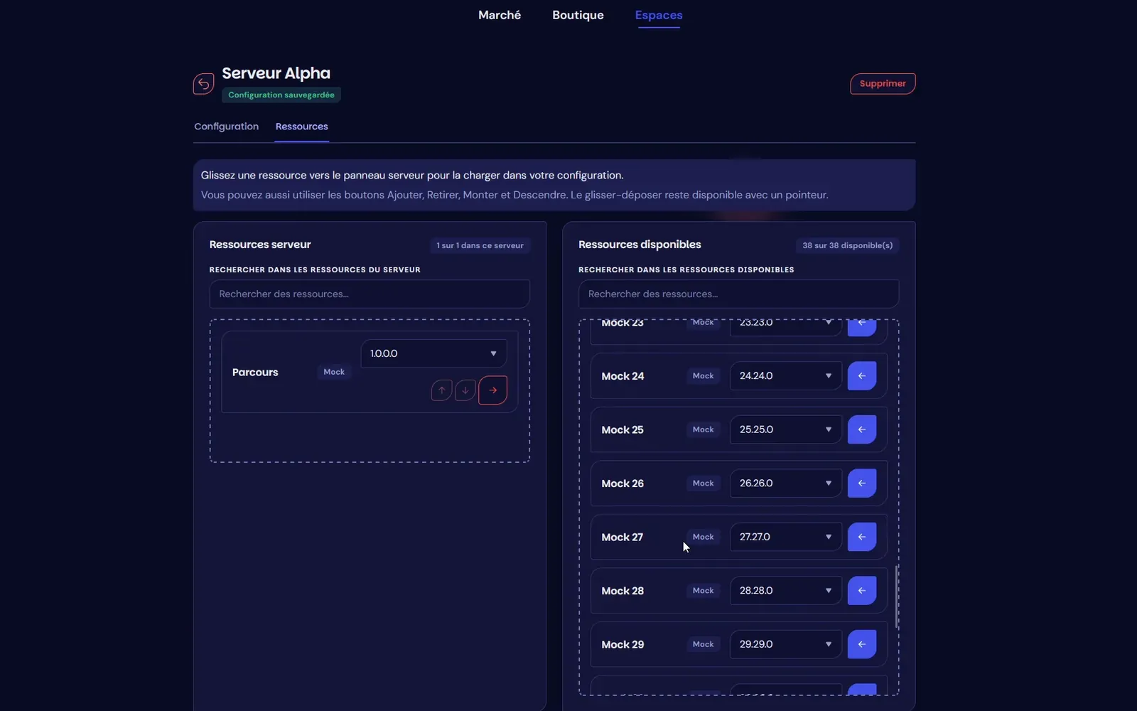 Page « Serveur Alpha » du site Mock : onglet Ressources avec, à gauche, le mock Parcours chargé sur le serveur et, à droite, la liste des ressources disponibles à ajouter.